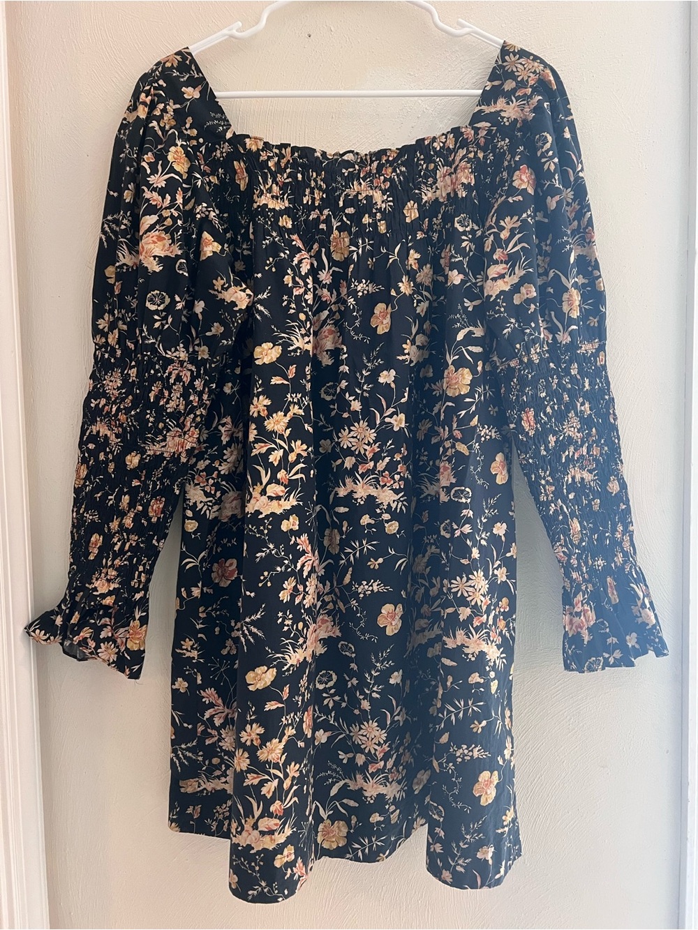 Doen Black Floral Smocked Mini Dress with Pink & Cream Blooms